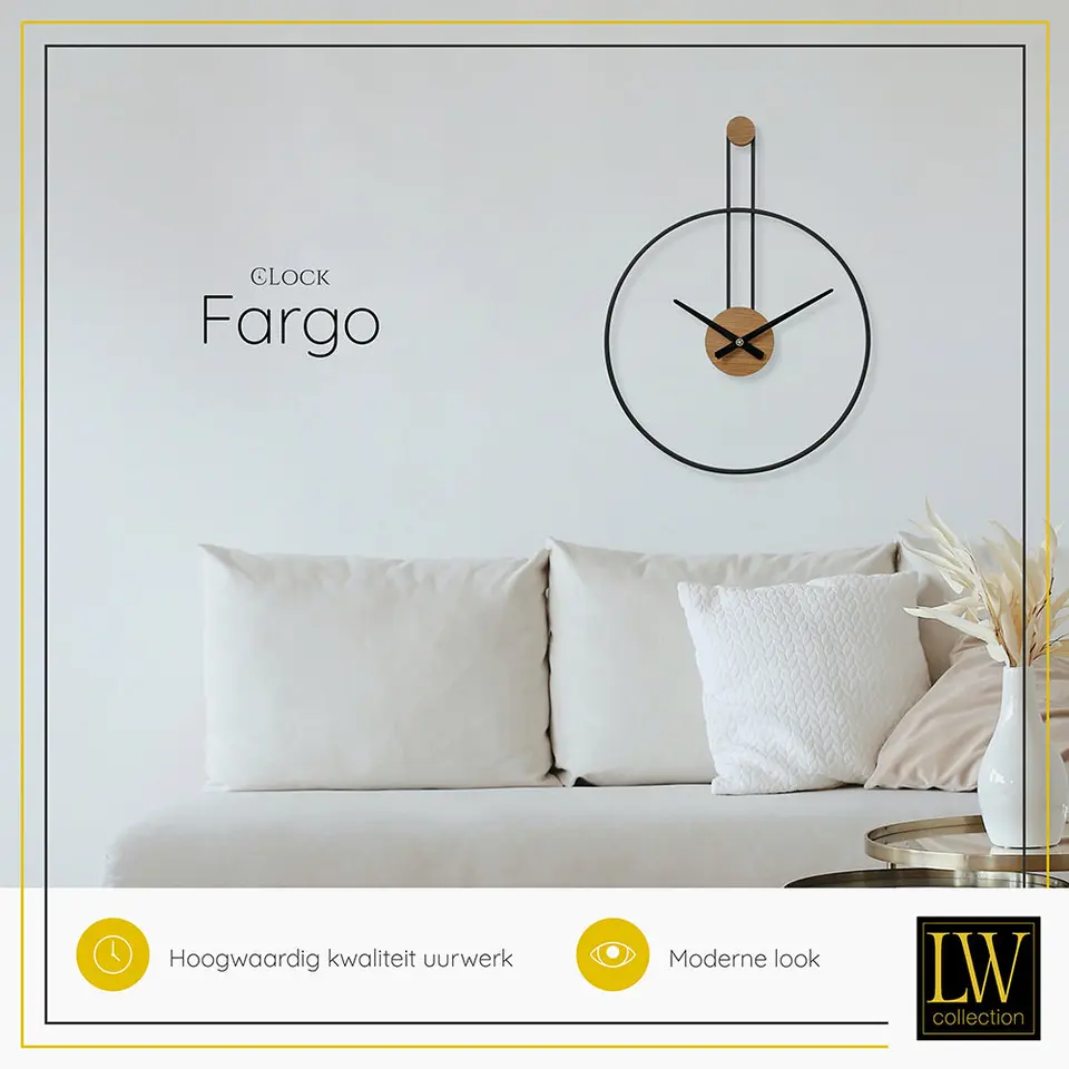 LW Collection Wandklok Fargo zwart 55cm