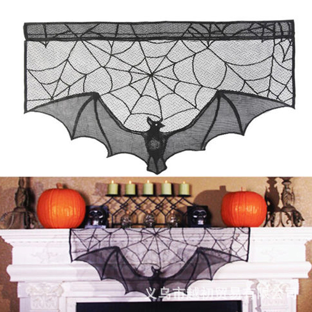 (93x57cm) Spinnen Netz Tuch Gardine Halloween Türvorhang Deko Kaminschal - Fledermaus