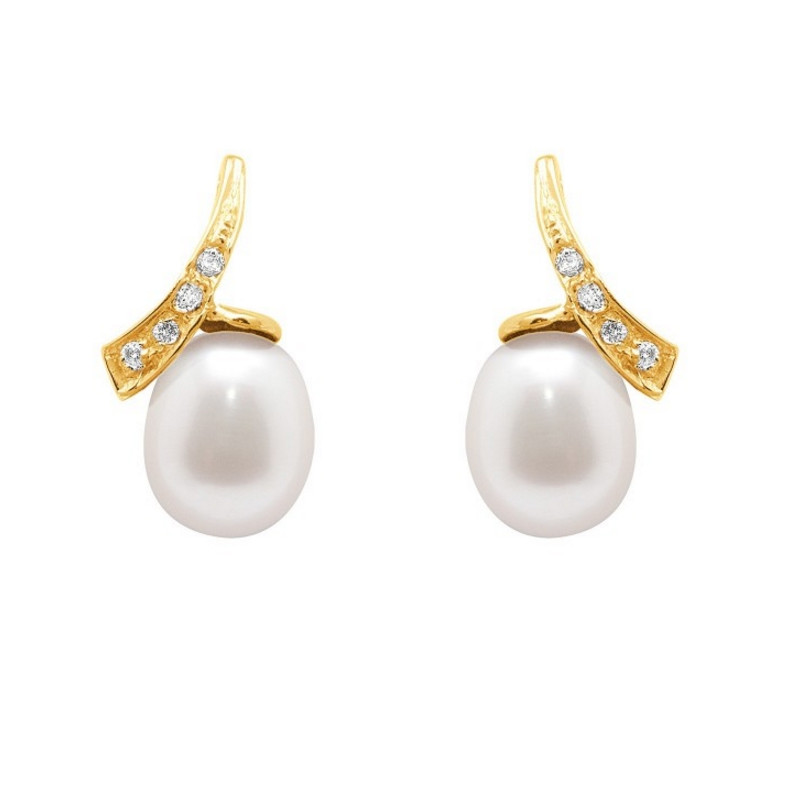 Boucles d'Oreilles Perles de Culture Blanches, Diamants et Or Jaune 750/1000