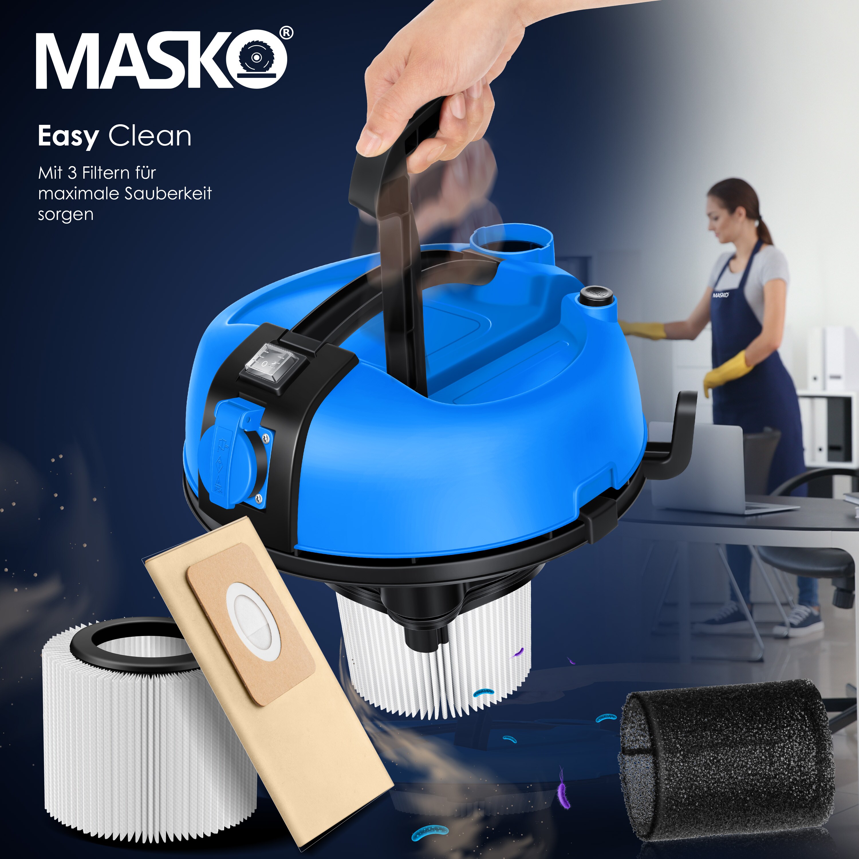 MASKO® Industriestaubsauger Staubsauger Nass Trocken Sauger Edelstahl 2300W + Steckdose | Blasfunktion | Trocken-Saugen & Nass-Saugen | Push&Clean | Industrie-Sauger mit & ohne Beutel | beutellos
