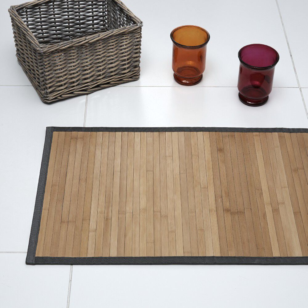 Tapis de salle de bain bambou marron à bordure grise