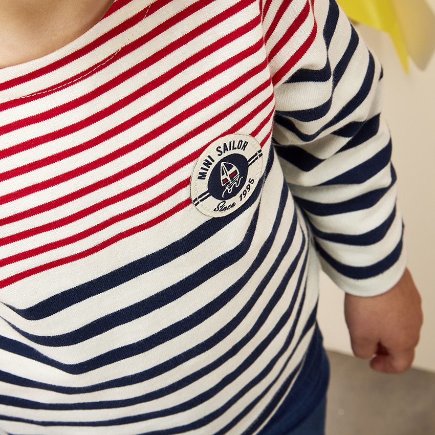 T-shirt manches longues esprit marinière pour bébé garçon - Ecru