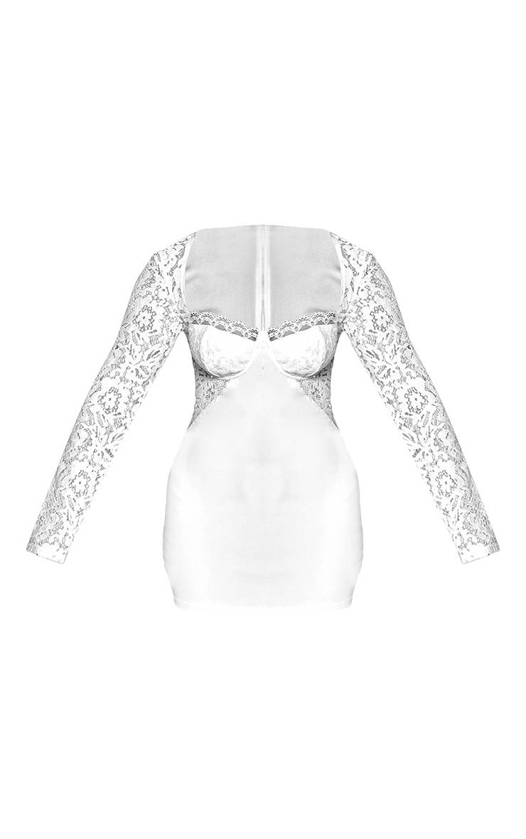 Blanc Robe Moulante Mini À Manches Longues En Dentelle Contrastée Et Bandage Sculptant