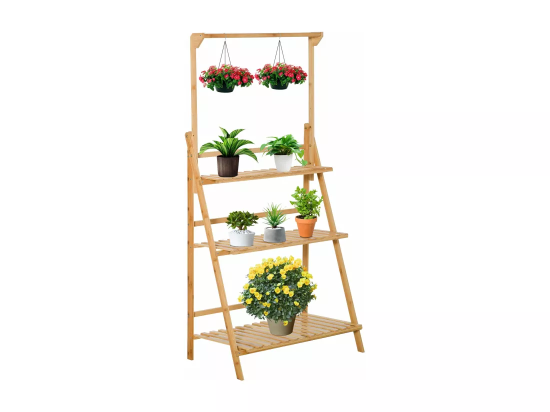 Étagère échelle à fleurs en bois de bambou - porte plante bois 3 étagères + barre support pour pots suspendus