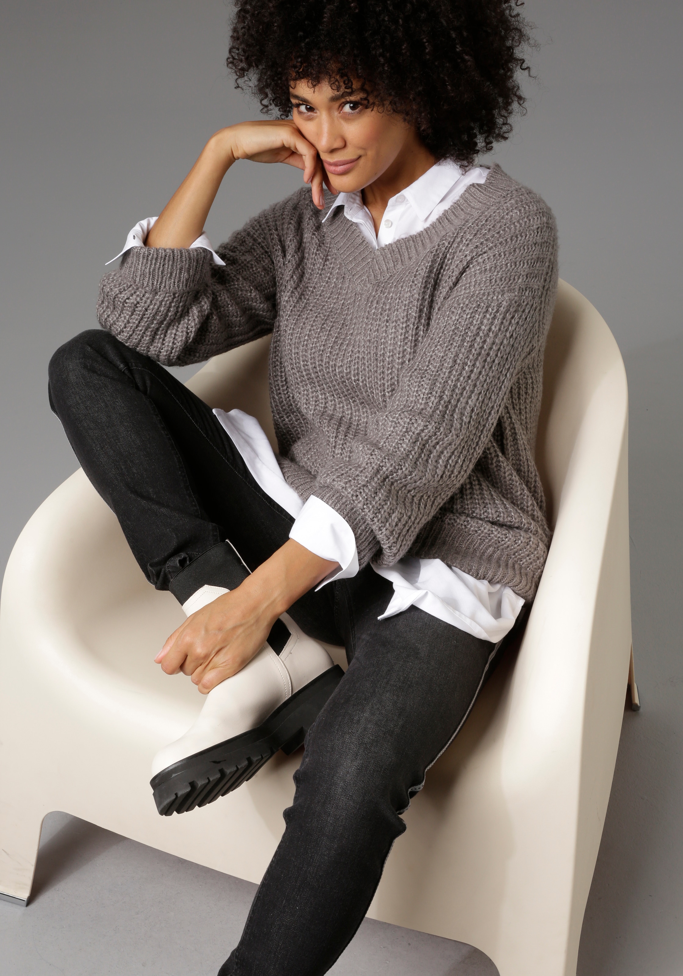 Aniston CASUAL Longpullover , mit fixierten Umschlag an den langen Ärmeln