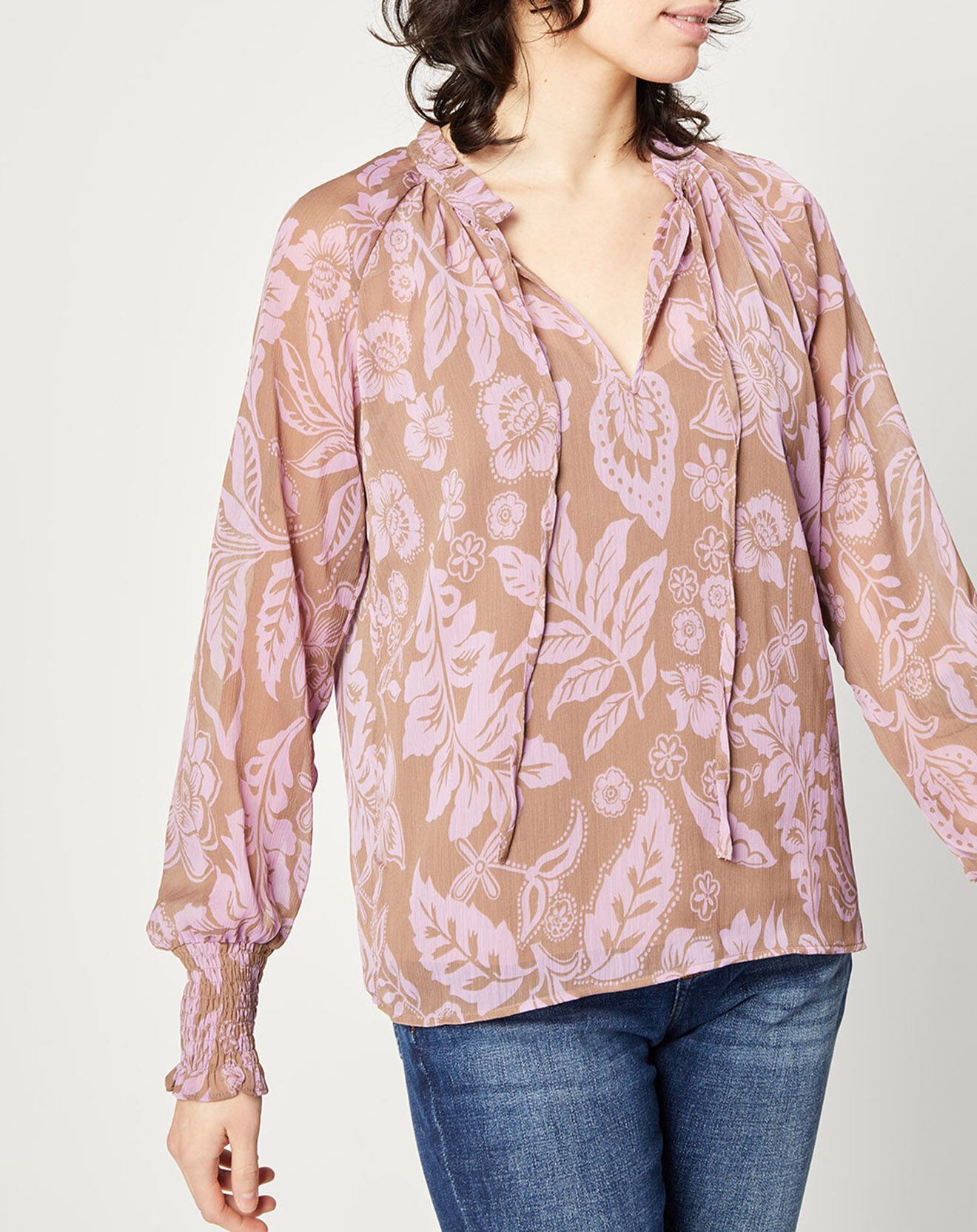 Esprit Blouse fluide à manches longues à Fleurs taupe/rose