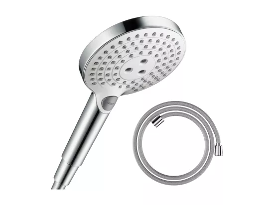 Pommeau de douche HANSGROHE Raindance Select S EcoSmart 120 3 jets blanc/chromé + flexible de douche HANSGROHE Designflex 125 cm chromé