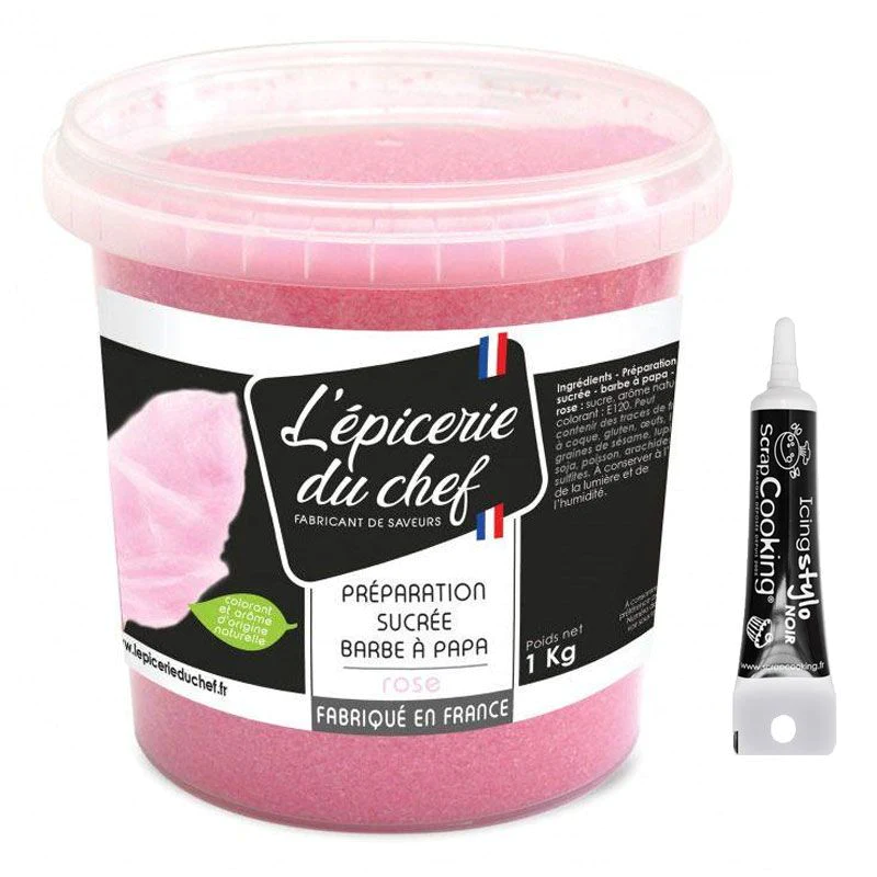 Sucre barbe à papa rose 1 kg + Stylo glaçage noir Scrapcooking