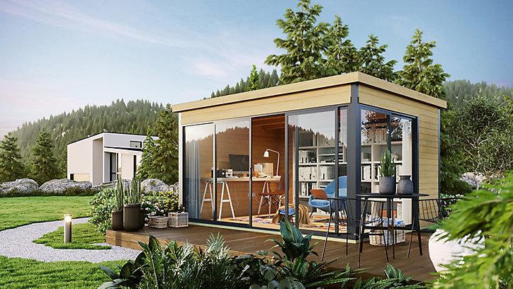 Abri de jardin + plancher Domeo 4 Plus en bois coloris naturel ép.44 mm surface extérieure 12,82 m²