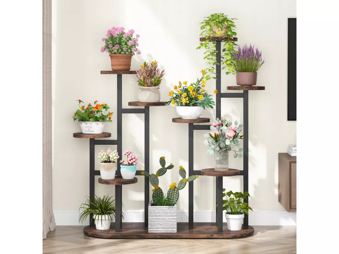 Support de plantes d'intérieur à plusieurs étages pour 11 pots de fleurs, support de rangement pour jardin, balcon, salon, marron rustique