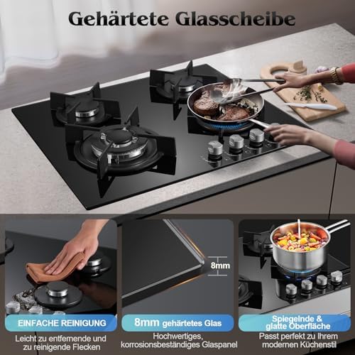 TopStrong Plaque de Cuisson Gaz 4 Feux, 60cm Plaque Gaz 4 Feux avec Sécurité Thermocouple, Cuisinière Encastrable, Naturel/Propane, 8060W, 220 240 V, Verre Noir : Gros électroménager