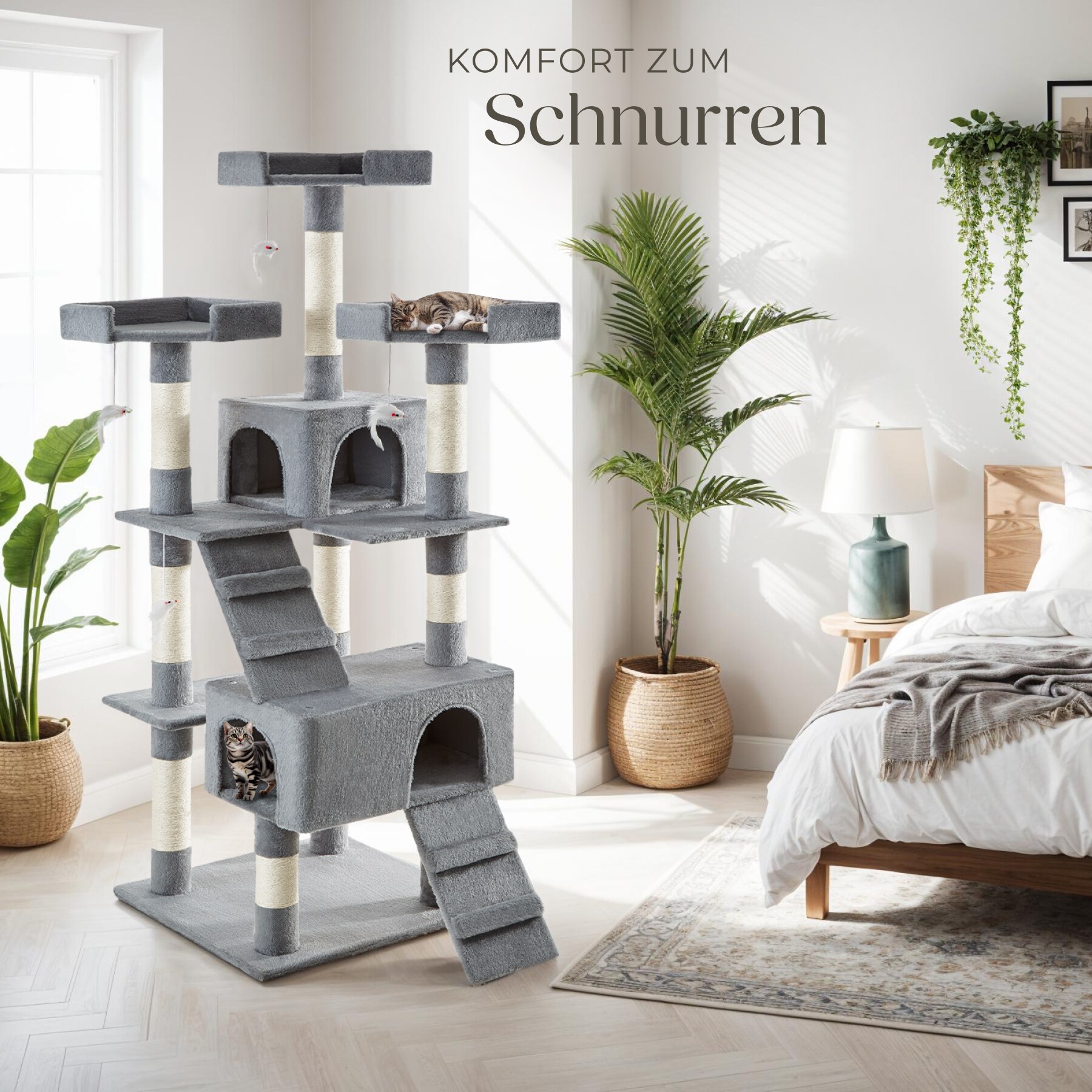 tectake® Kratzbaum, 170 cm, mit 2 Katzenhäusern, inklusive 2 Treppen, 4 Spielmäusen und Kippschutz