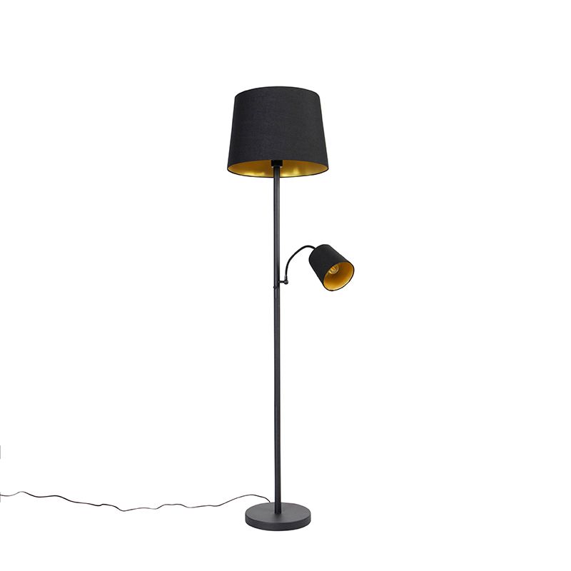 Klassieke vloerlamp zwart met goud en leeslampje - Retro