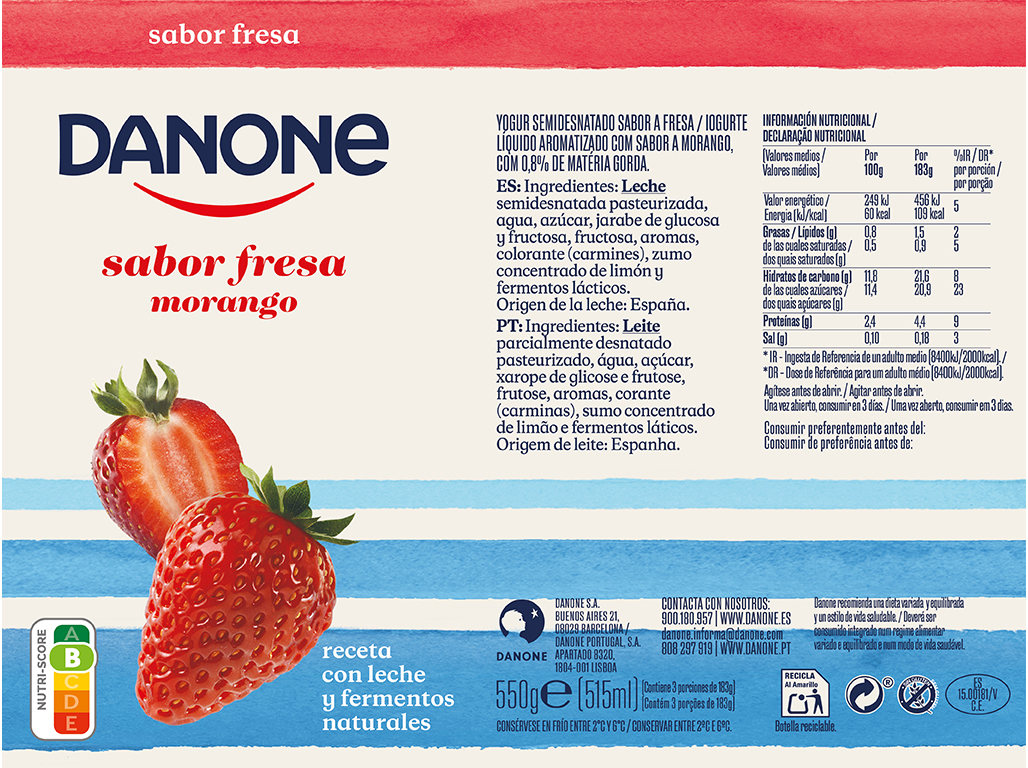 IOGURTE LIQUIDO DANONE MORANGO 550G