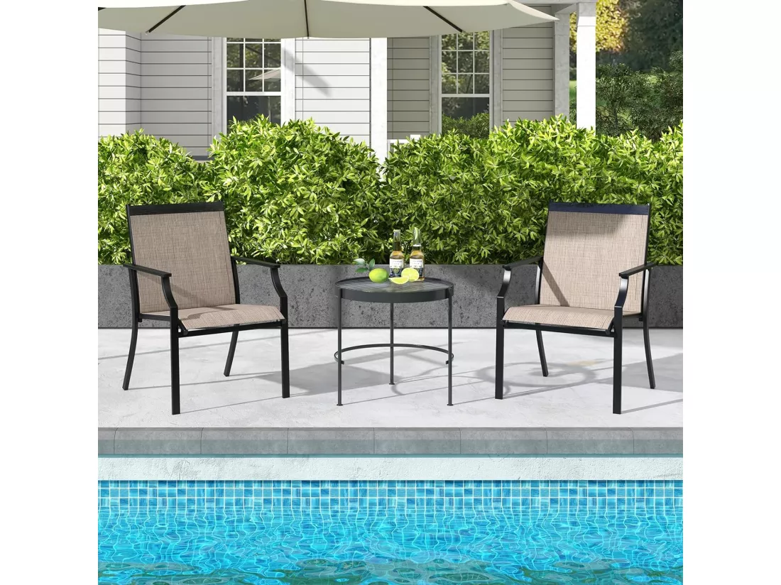 Lot de 2 Chaises de Jardin avec Cadre en Métal, Chaises de Salle à Manger pour l’Extérieur en Teslin à Séchage Rapide, Fauteuil d'Extérieur pour Cour, Balcon, Piscine, Charge 150 KG(Café)