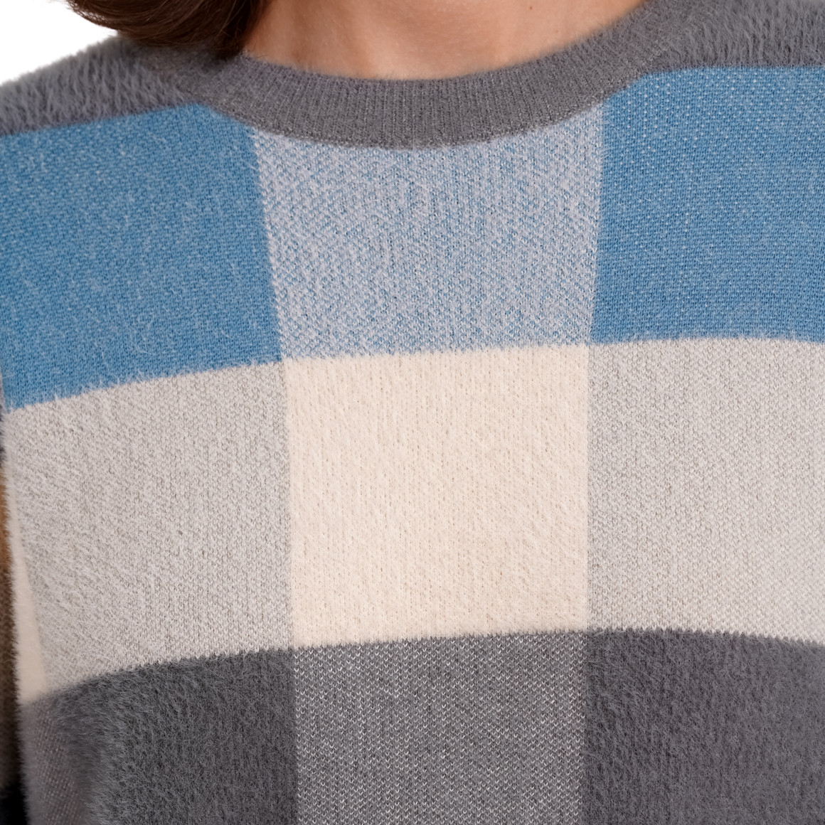 Gina Damen Strickpullover mit Karo-Muster grau / cremeweiss / blau
