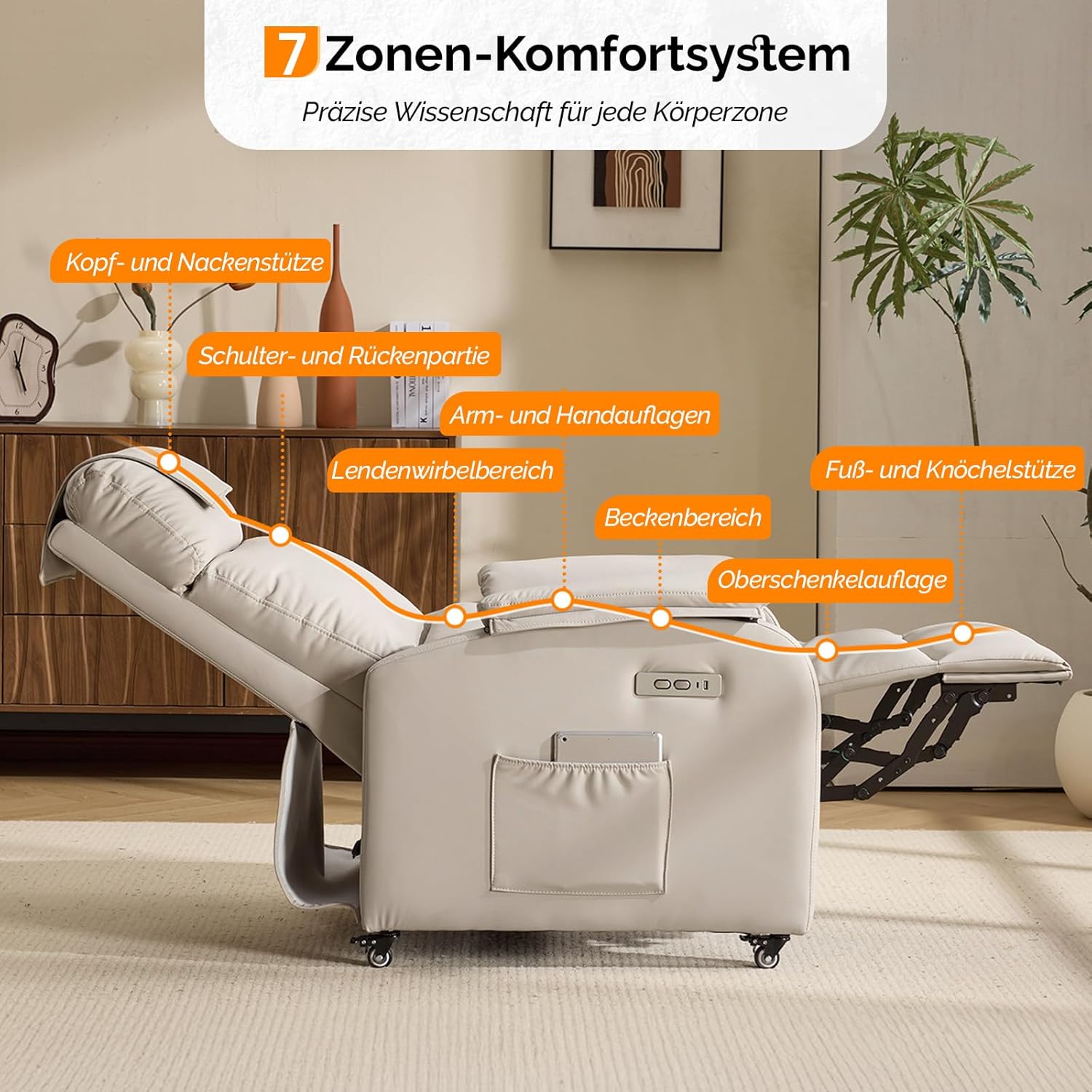 Bonnlo Relaxsessel, Fernsehsessel, Elektrisch Massagesessel mit Liegefunktion, TV Sessel, 2-Punkt-Massage & Wärmefunktion, USB-C & USB-A Anschlüsse, 1 Seitentasche, Kratzfestes Leder, Beige
