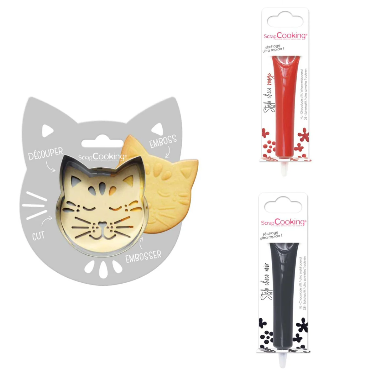Kit pour biscuit en relief Chat + 2 Stylos au chocolat rouge et noir S