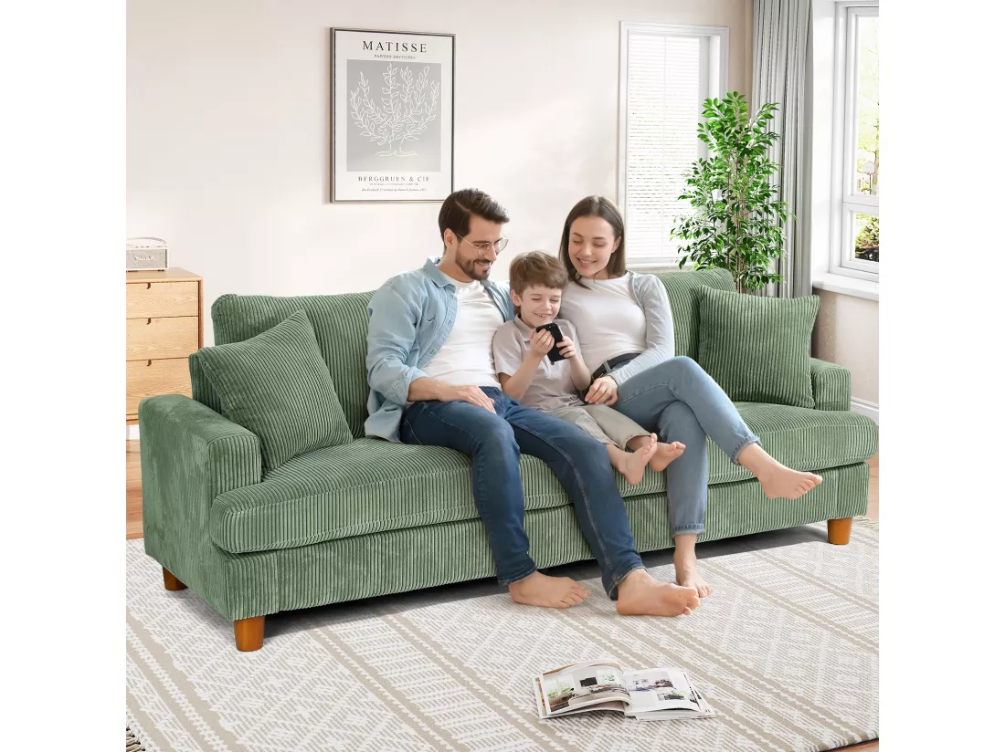 Canapé en Velours Côtelé 3 Places,Grand Canapé Droit Rembourré Moderne avec Sièges extra profonds de 53cm - 2 Coussins - 220x76x84cm - Vert