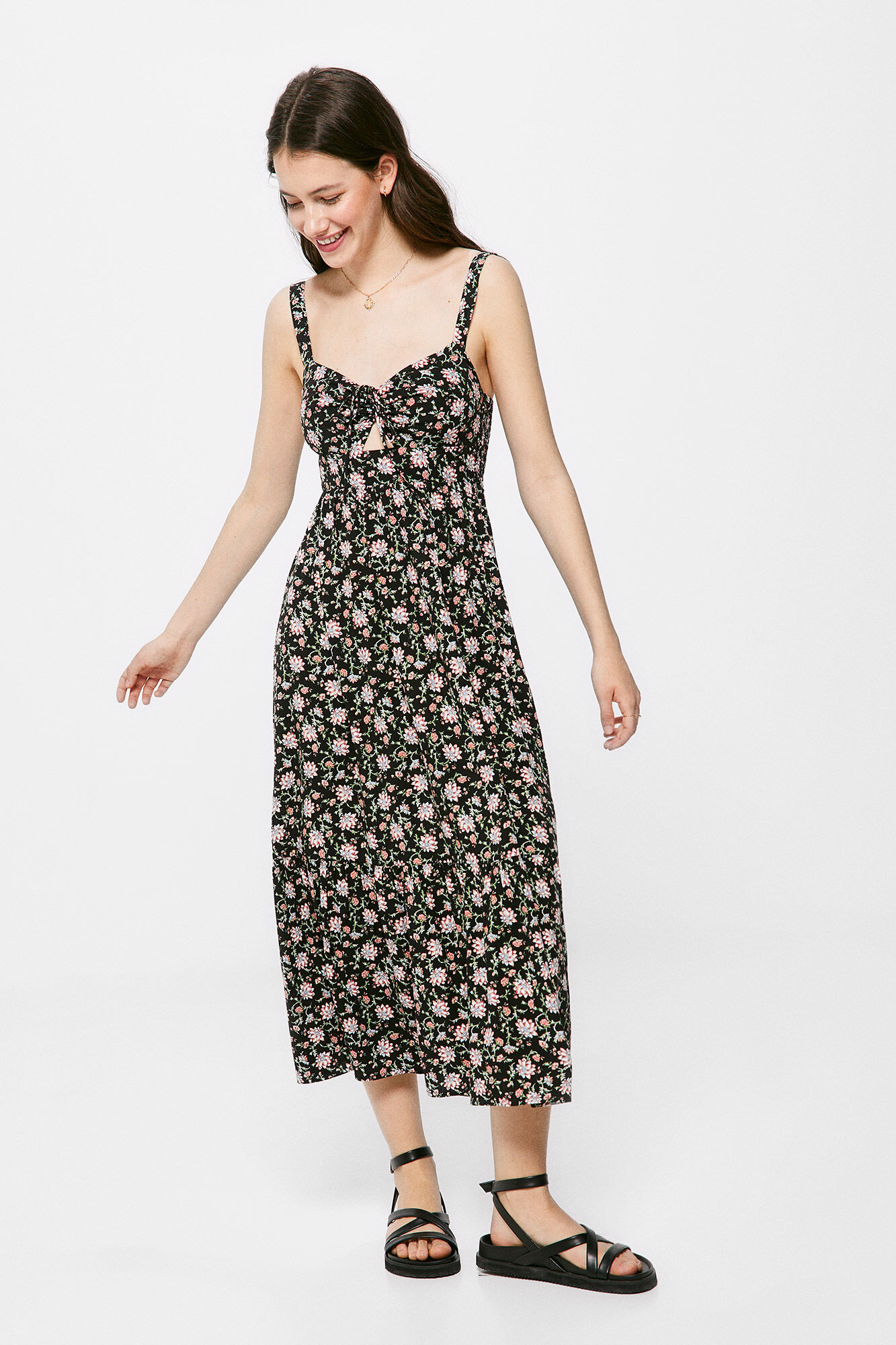Vestido Midi Estampado Escote Nudo - preto