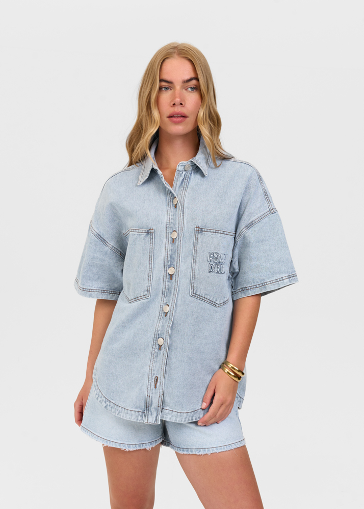 Oversized denim blouse korte mouw sky blauw