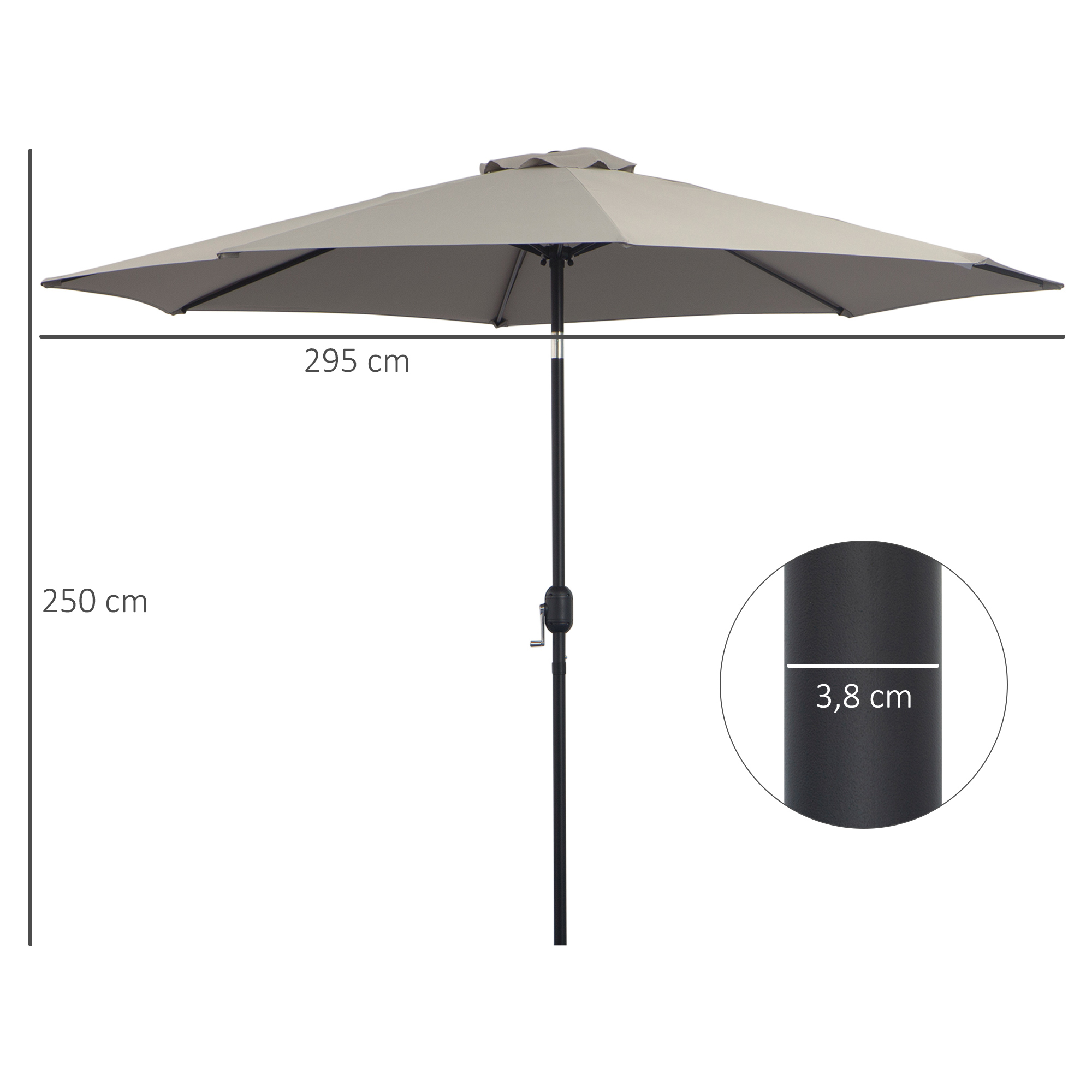 Guarda-sol de jardim Outsunny Ø295x250 cm com manivela, guarda-sol externo com mecanismo de inclinação e mastro de metal removível para terraço, piscina e pátio, cinza claro.