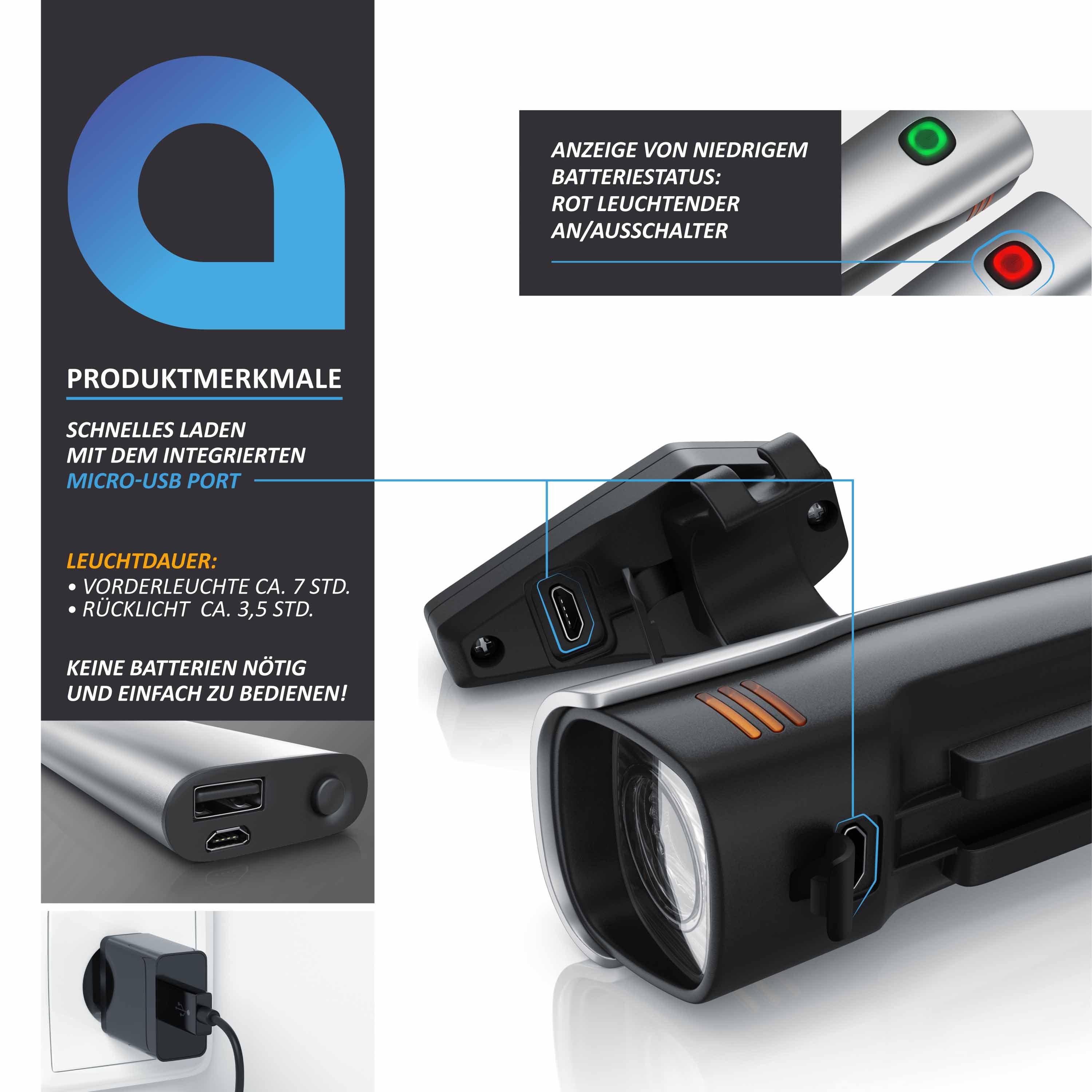 Aplic LED Fahrradlampen-Set mit Front & Rücklicht - Fahrradbeleuchtung mit Akku / StvZO zugelassen