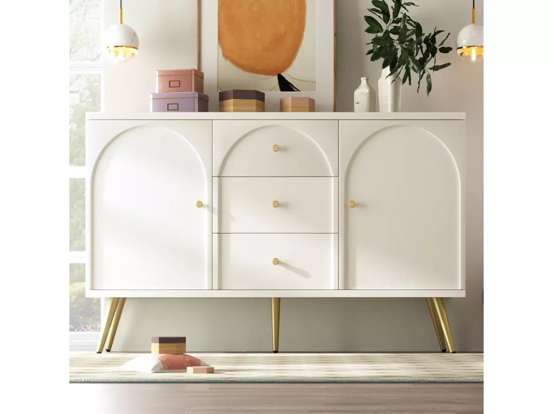Commode avec 2 portes et 3 tiroirs, 140 x 40 x 84 cm, Panneaux de particules + métal, Blanc crème
