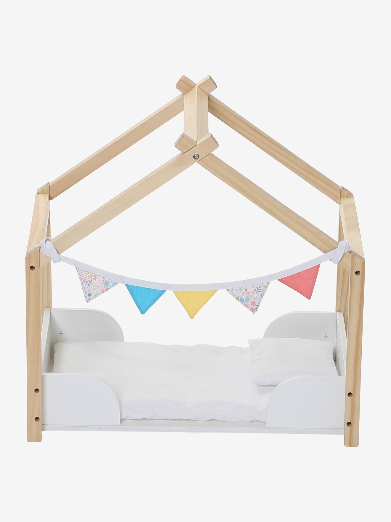 Cama de madeira multicolorida com certificação FSC® para casa de bonecas