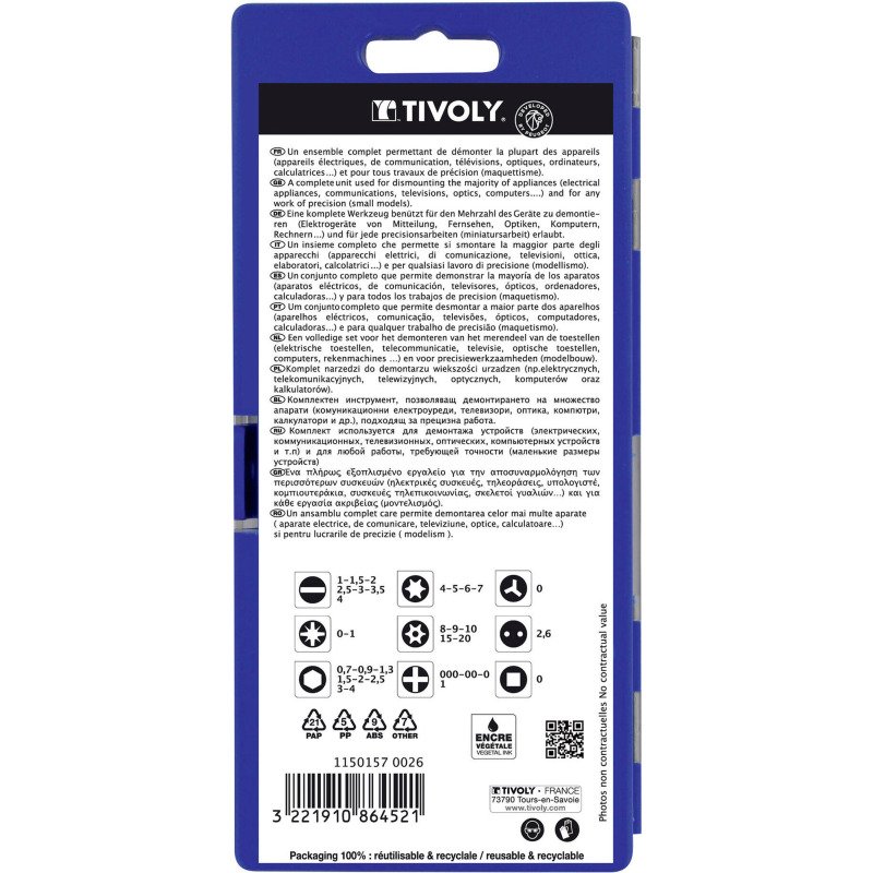 Coffret de vissage de précision Tivoly Technic 35 pièces : Embouts + tournevis + porte-embout magnétique