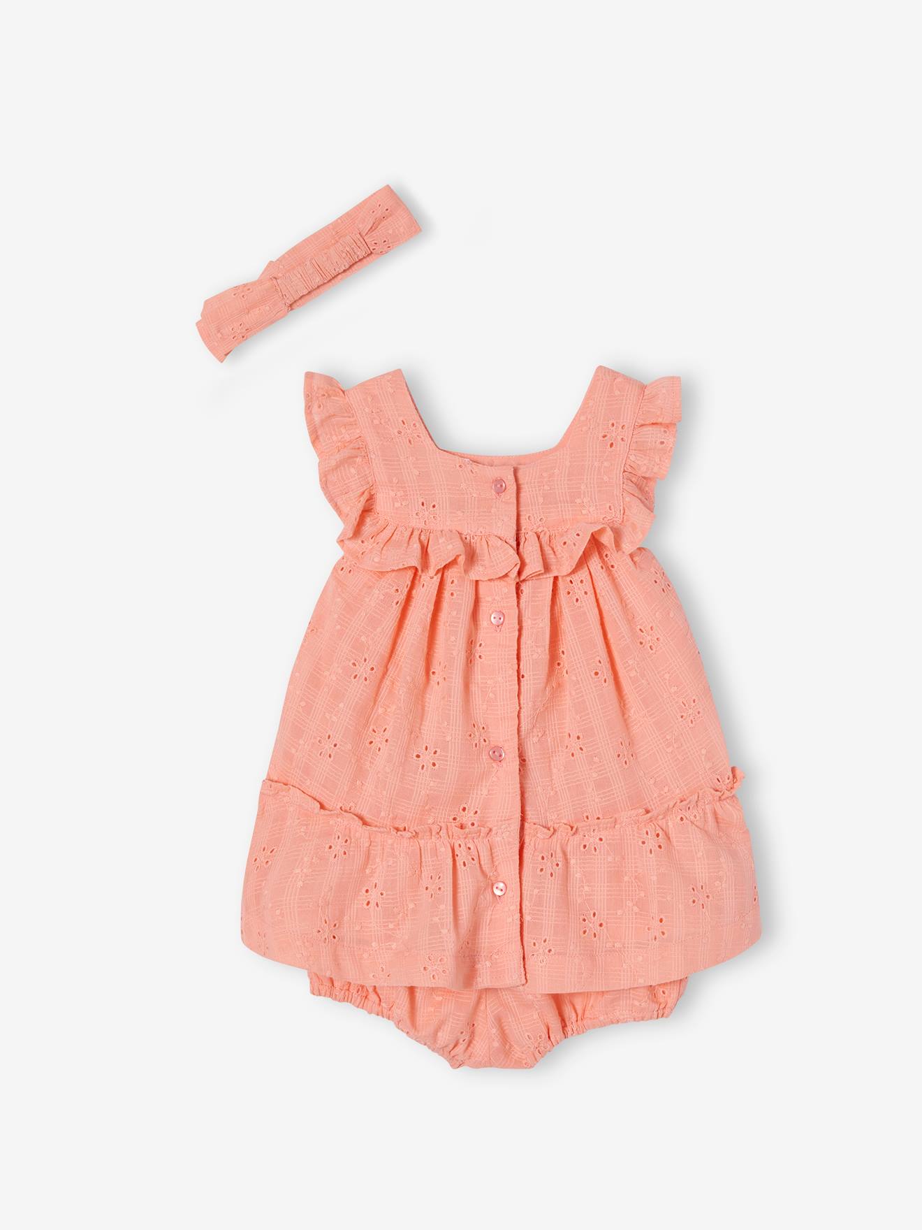 Conjunto de bordado inglês para bebê: vestido, calcinha e faixa de cabelo coral