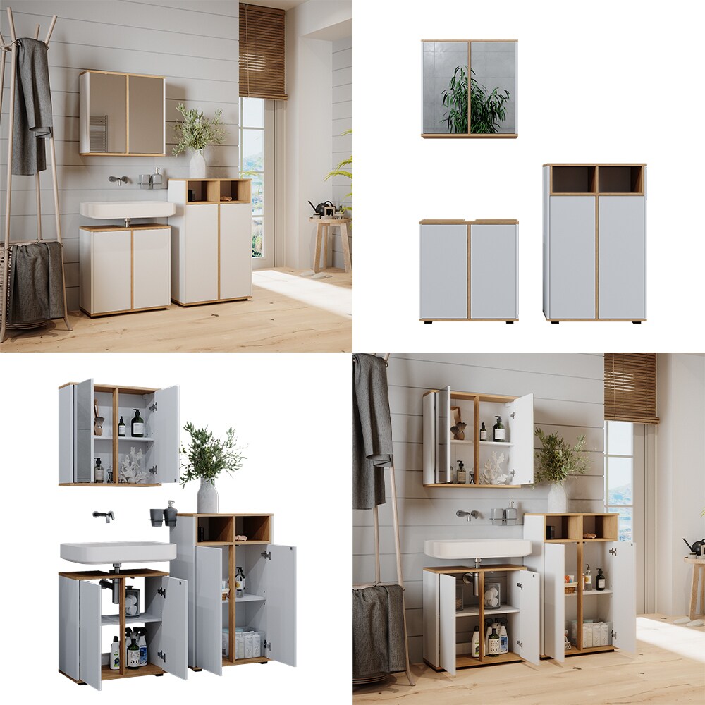 Vicco Badmöbel-Set Didi Weiß Eiche 3 Teile Midischrank mit 2 Türen