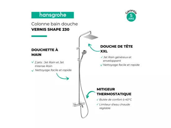 Colonne bain douche thermostatique HANSGROHE Vernis Shape 230 chromé + tablette AddStoris