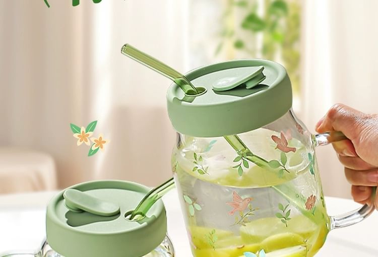 Kawa Simaya - Glazen drinkbeker met print en rietje (verschillende ontwerpen)