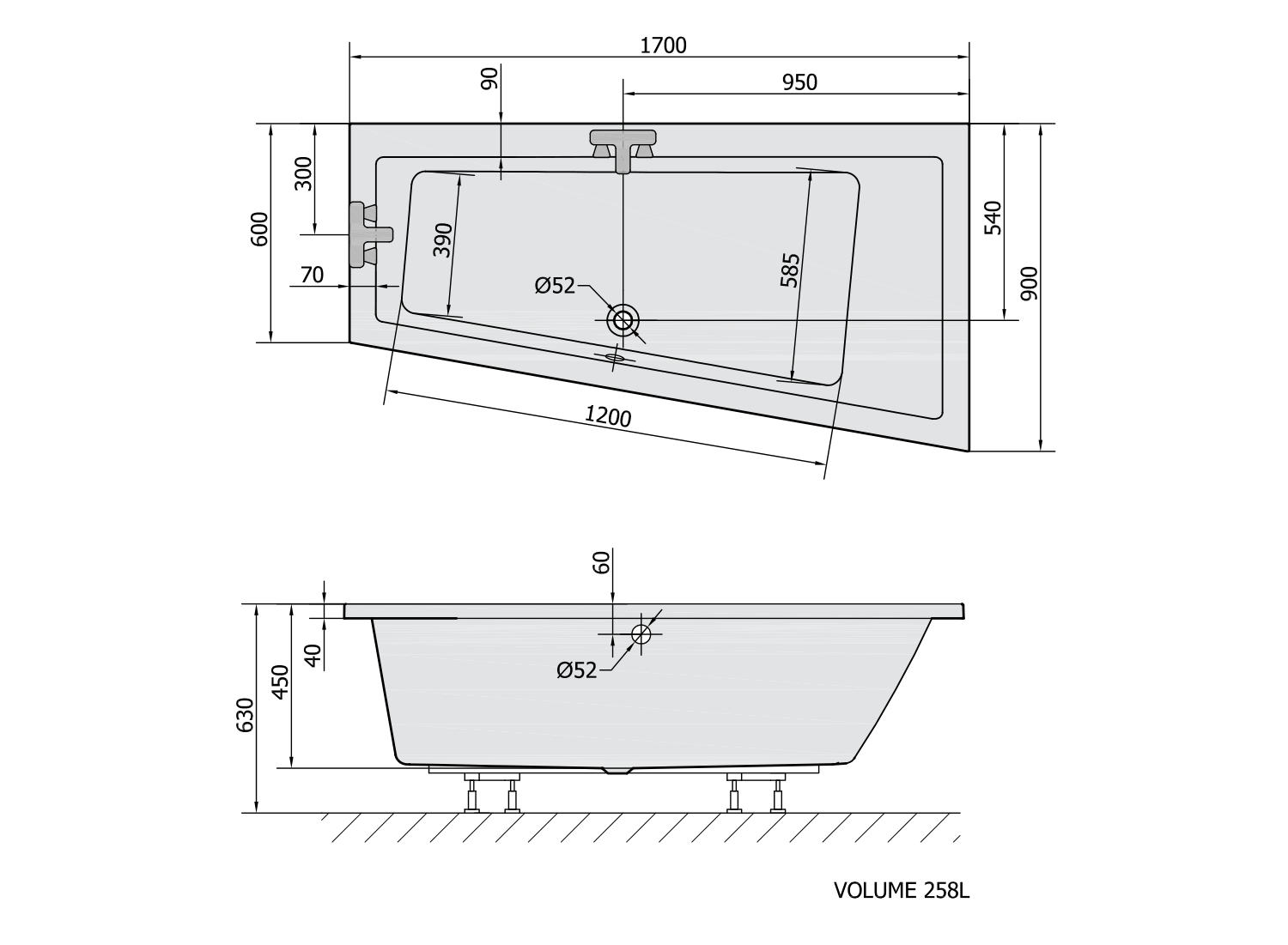 Polysan Andra asymmetrisch bad rechts 180x90x45cm mat zwart
