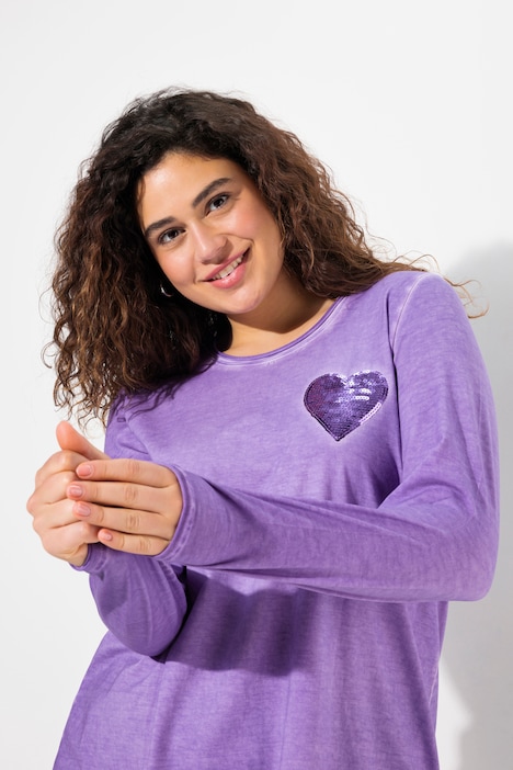 Shirt, cold dyed, Pailletten-Herz, V-Ausschnitt, Langarm