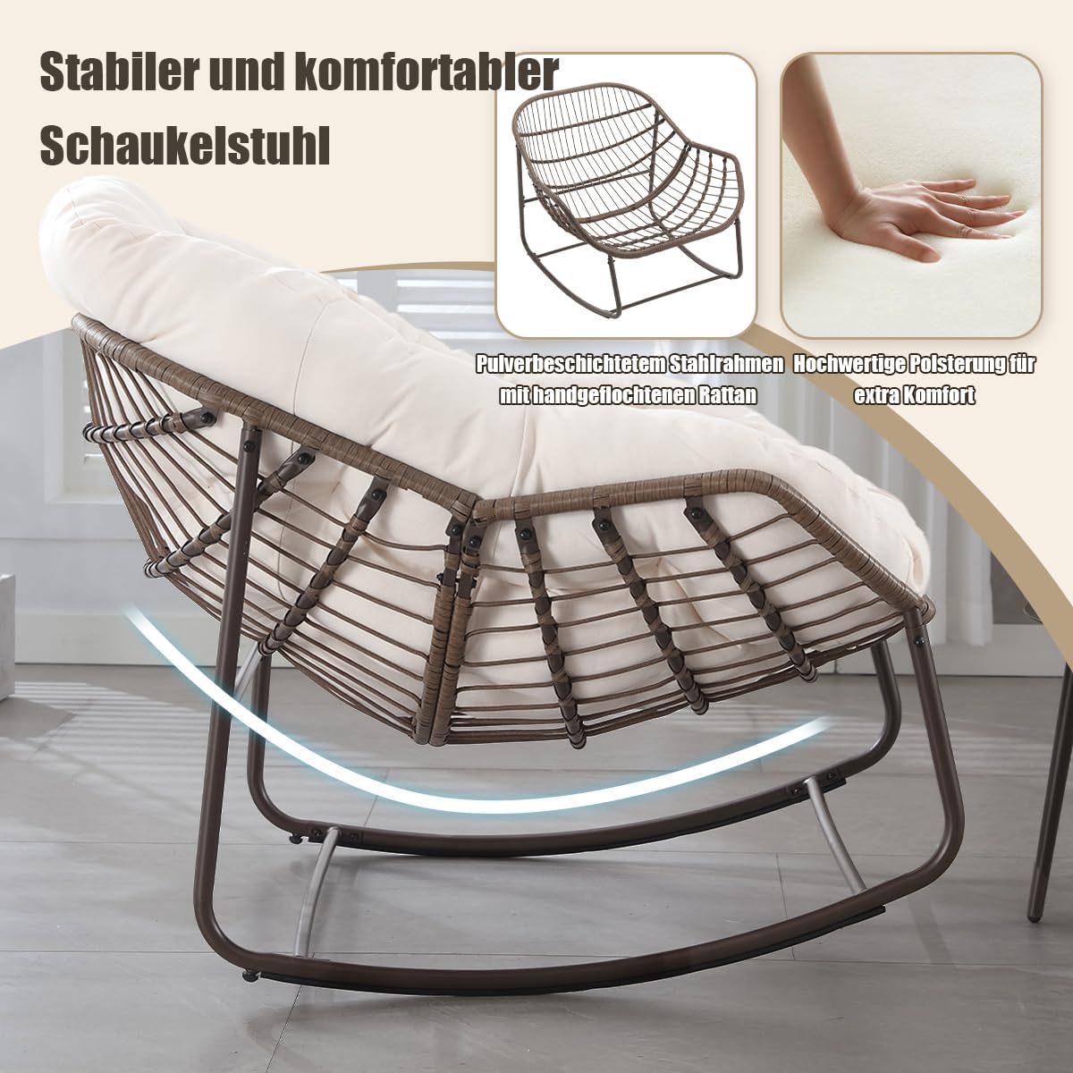 Schaukelstuhl Schaukelsessel mit Rattan, Loungesessel drinnen & draußen, Ei-Schaukelstuhl für Wohnzimmer Balkon Garten Outdoor und Indoor Samt Weiß