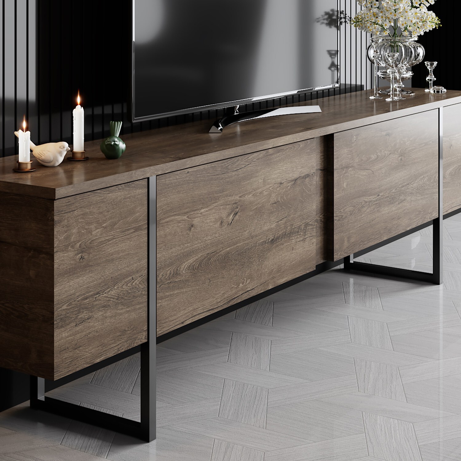 Homtex Moderner TV-Ständer, 180x50x30 cm, Walnuss/Schwarz, Melaminbeschichtet