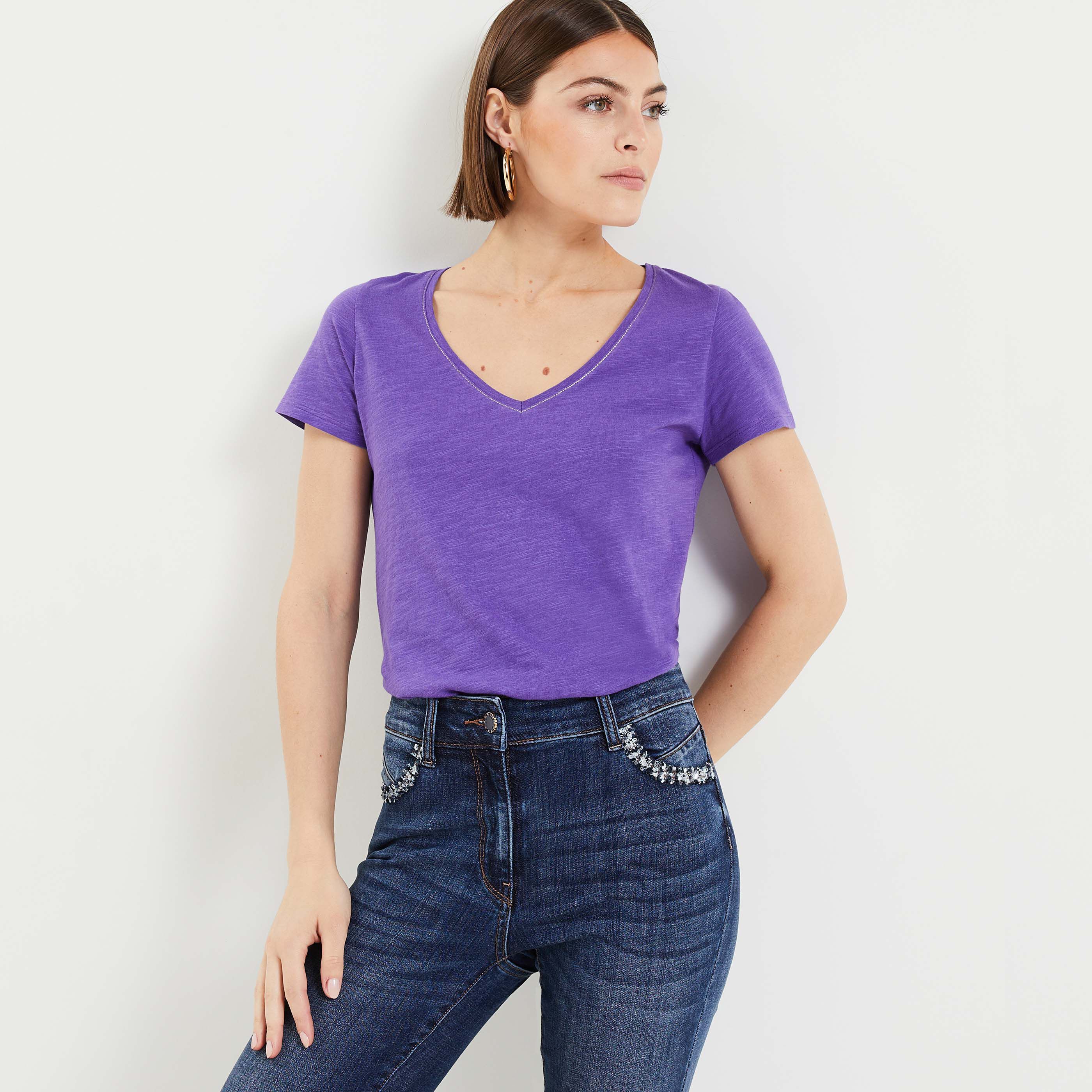 T-shirt manches courtes V femme - VIOLET