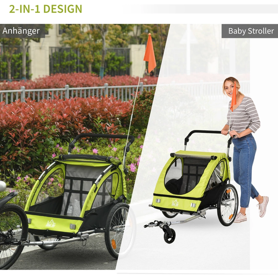 HOMCOM 2-in1 Fahrradanhänger mit Platz für 2 Kinder grünschwarz
