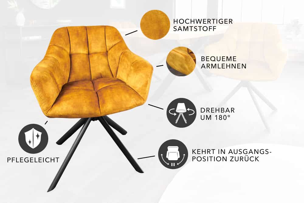 Drehbarer Stuhl PAPILLON senfgelb Samt schwarze Metallbeine Armlehnen