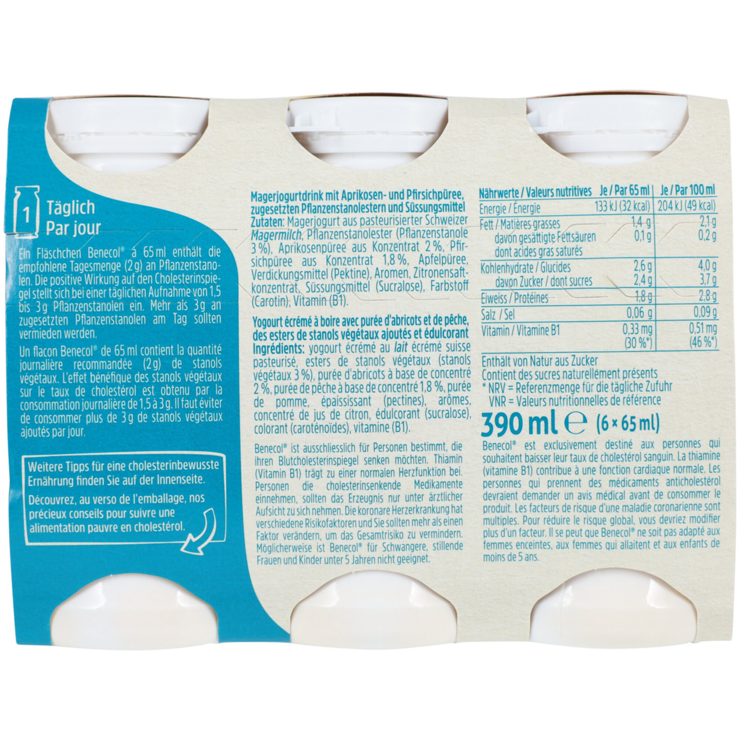 Benecol Pfirsich & Aprikose ohne Zuckerzusatz 6x65ml