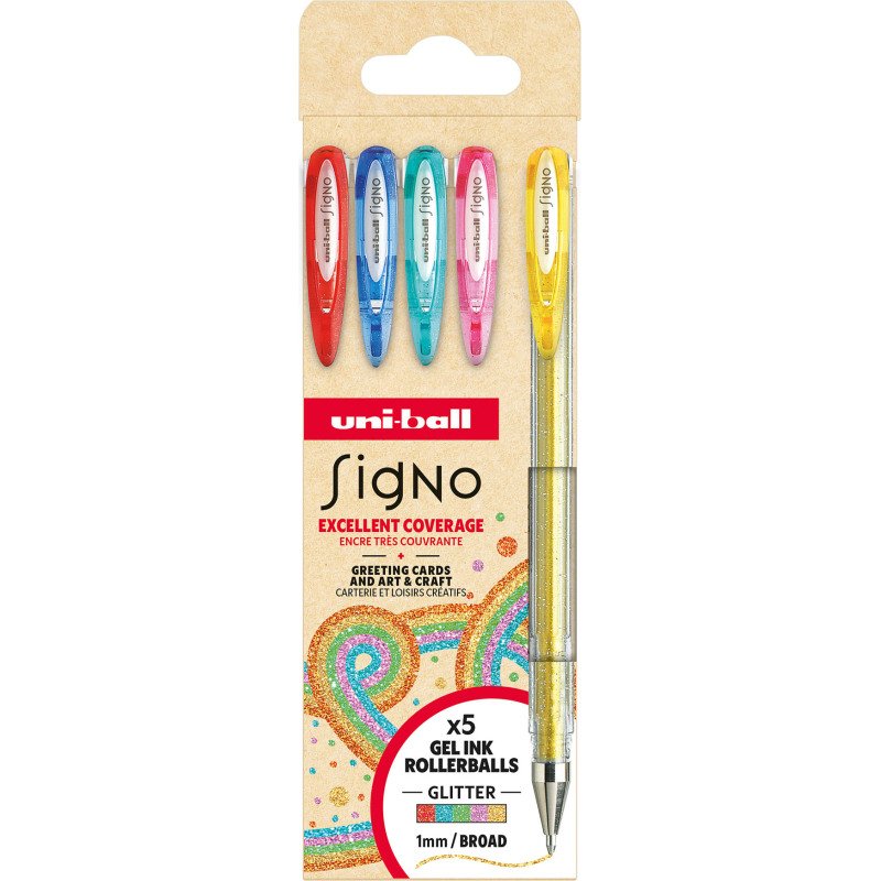 Stylo roller Uni Ball Signo pointe 0,8 mm couleurs assorties pailletées- Pochette de 5