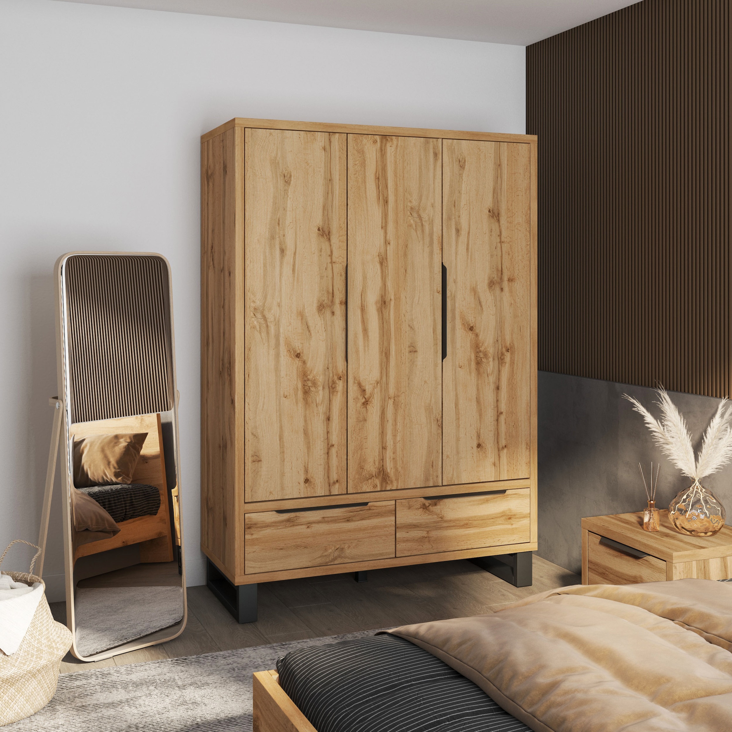 Home affaire Drehtürenschrank »Bronne,Breite 145 cm, Wäscheschrank inclusive Innenausstattung« Kleiderschrank, 2 Schubladen, Metallgriffe, Garderobe