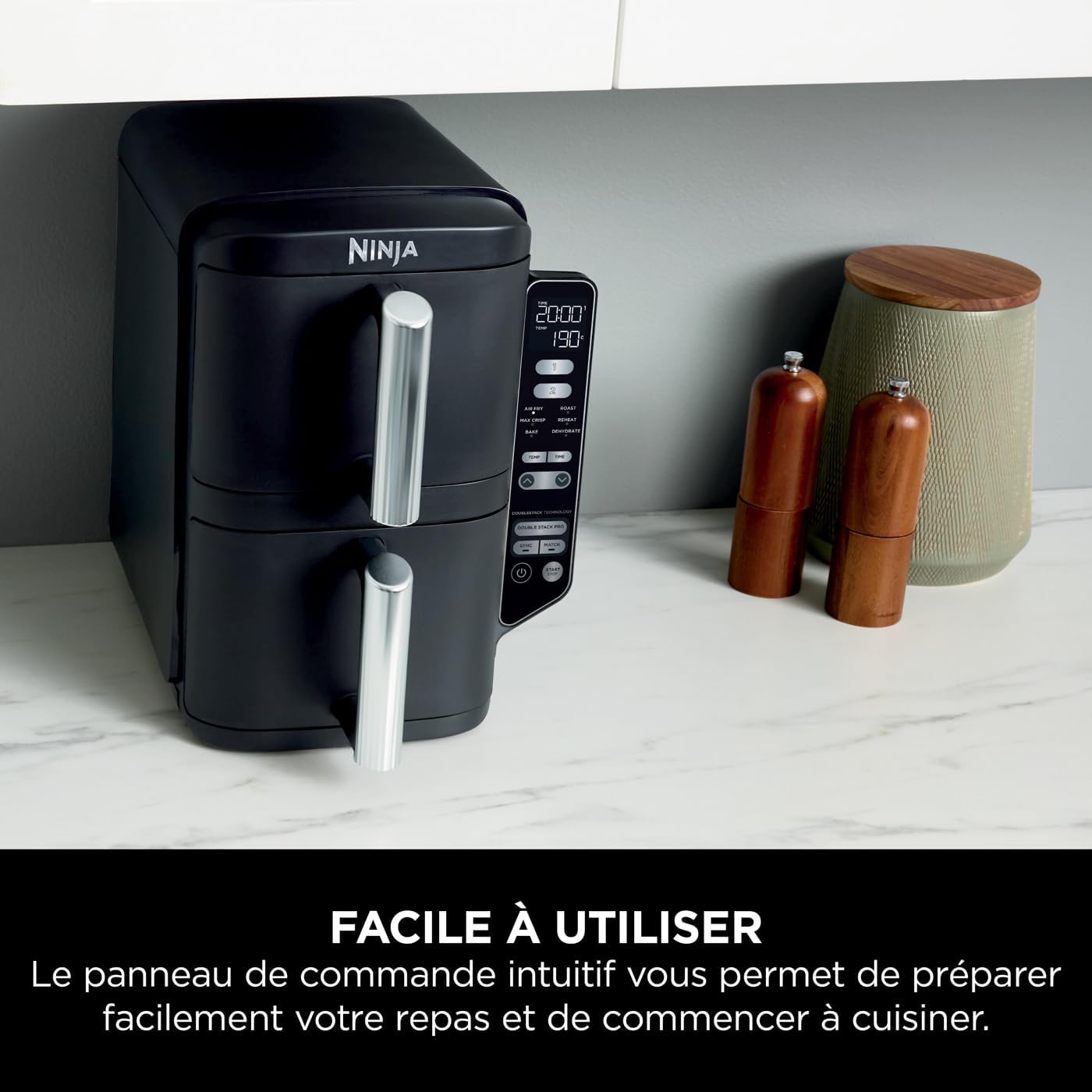 Ninja Double Stack Air-Fryer, Friteuse verticale sans huile à 2 tiroirs, 4 niveaux cuisson, 2 tiroirs et 2 grilles, design compact, capacité de 7,6L,