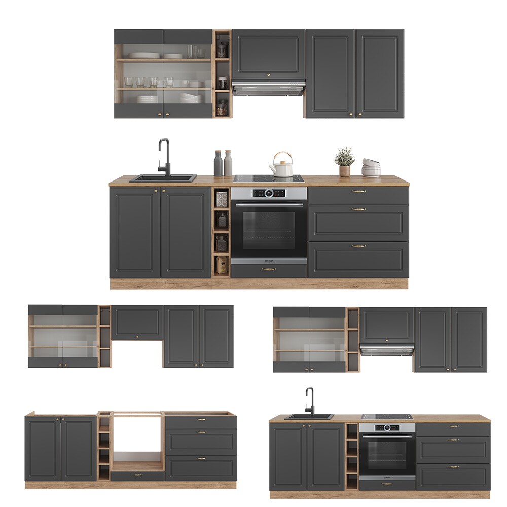 Vicco Küchenzeile Küchenblock Einbauküche Fame-Line Landhaus Eiche Anthrazit 235 cm Gold Küchen Schränke Hängeglasschrank Hängeschrank Schubladenunterschrank Spülenunterschrank Herdumbauschrank