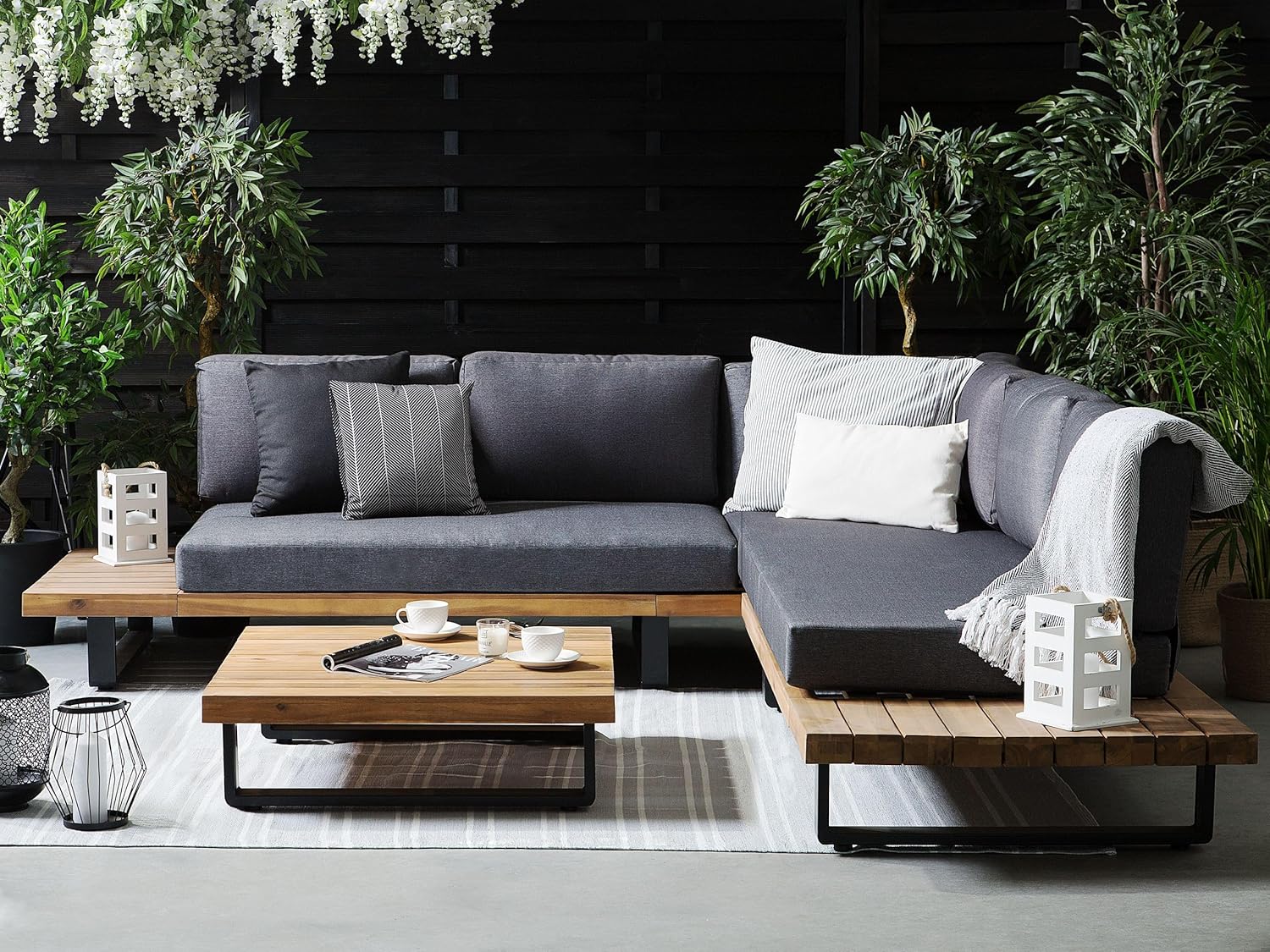 Beliani Lounge Set 5-Sitzer FSC Akazienholz Hellbraun mit Auflagen grau Modern Mykonos