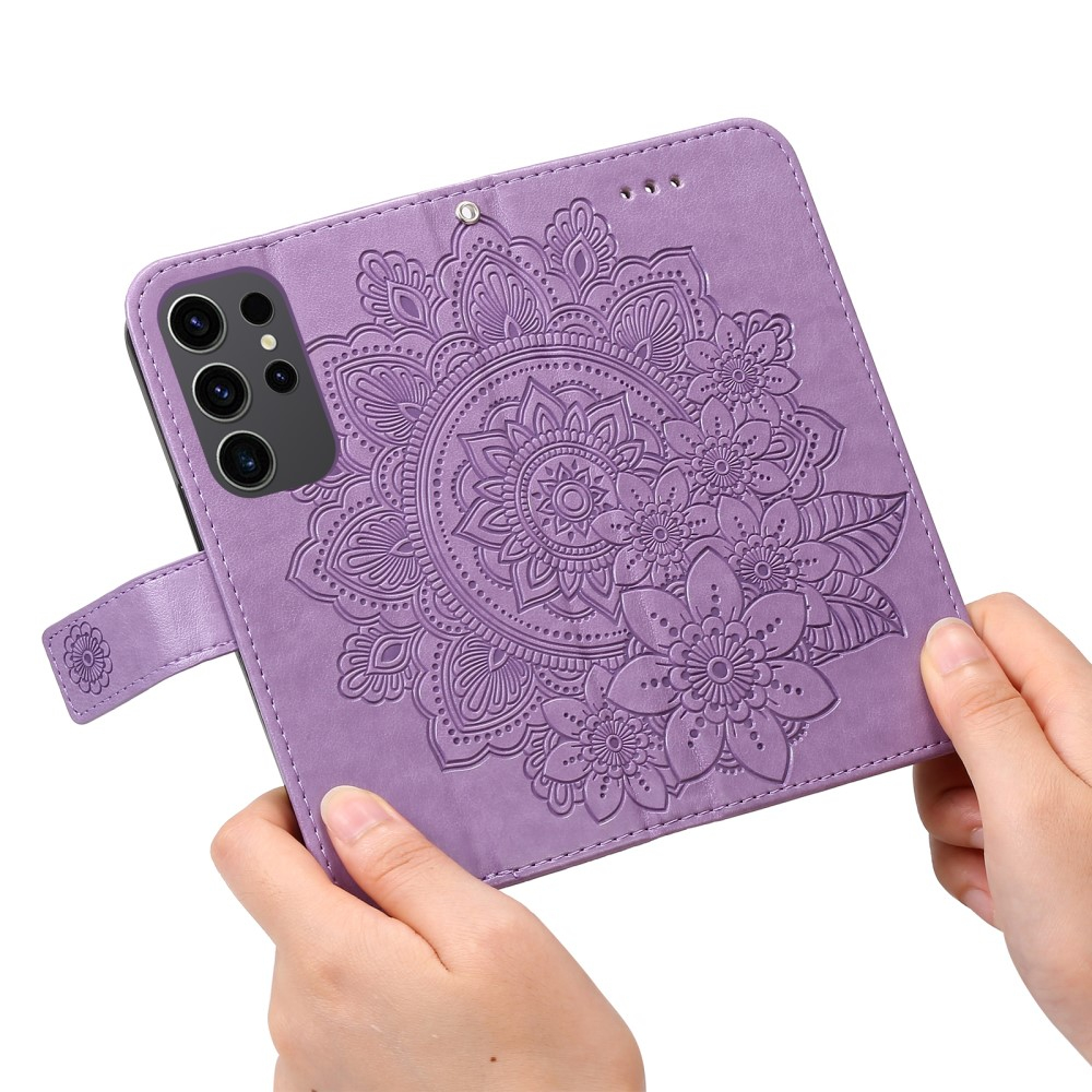 Samsung Galaxy S24 Ultra Leder Tasche Wallet - Mandala Flowers Imprint - Lila
