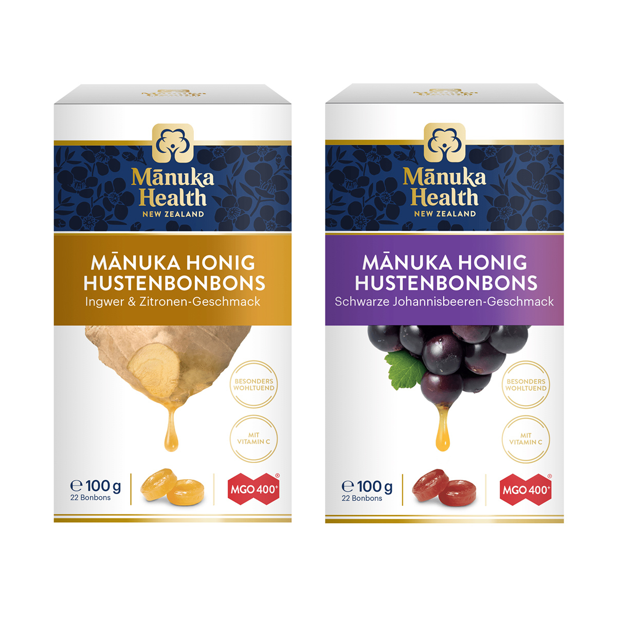 Manuka MGO 400  Hustenbonbons Schwarze Johannisbeere   Ingwer\/Zitrone (2x100g)