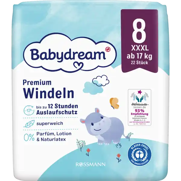 Premium Windeln Größe 8 XXXL, 22 Stück, ab 17 kg